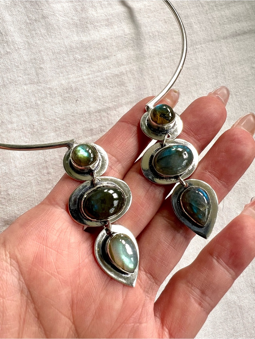 925 FLASH LABRADORITE Wire Choker Collar Necklace - Picture 4 of 9